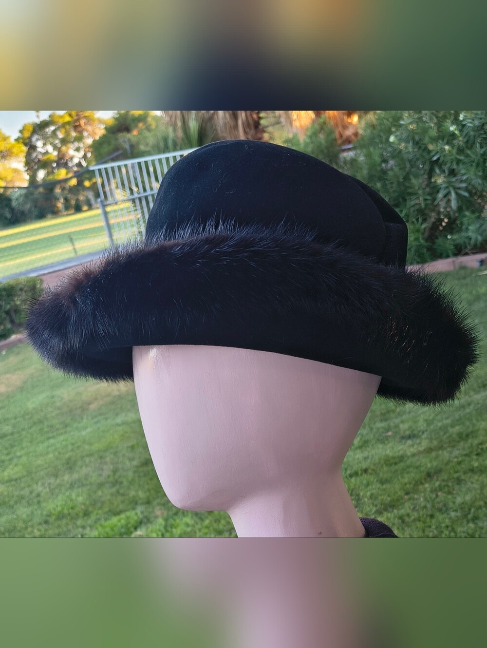 Mr.John Jr. Black Mink Trim Wool Fedora Hat with Hat Pin Superb Vintage